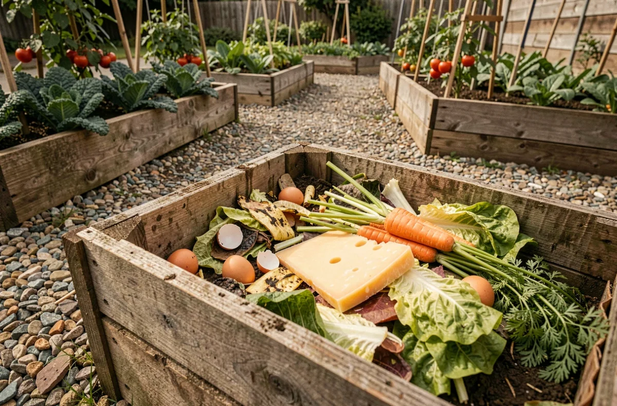 Croûte de parmesan visible dans un tas de compost extérieur au milieu d'un jardin potager avec des déchets organiques