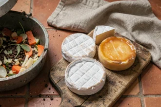 Croûtes de fromage variées posées sur une planche en bois à côté d'un bac à compost ouvert rempli de déchets organiques