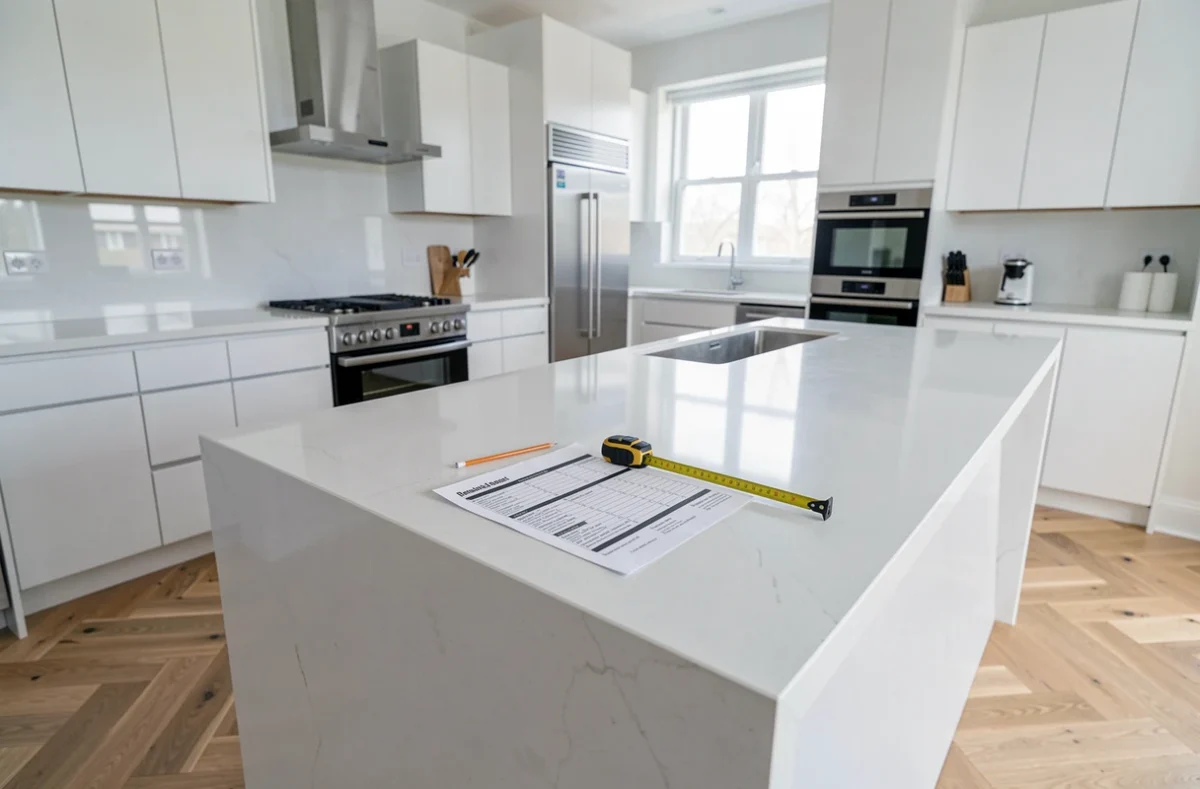 Cuisine moderne entièrement rénovée avec îlot en quartz, armoires blanches et parquet en chêne, avec un récapitulatif de budget de rénovation posé sur le plan de travail
