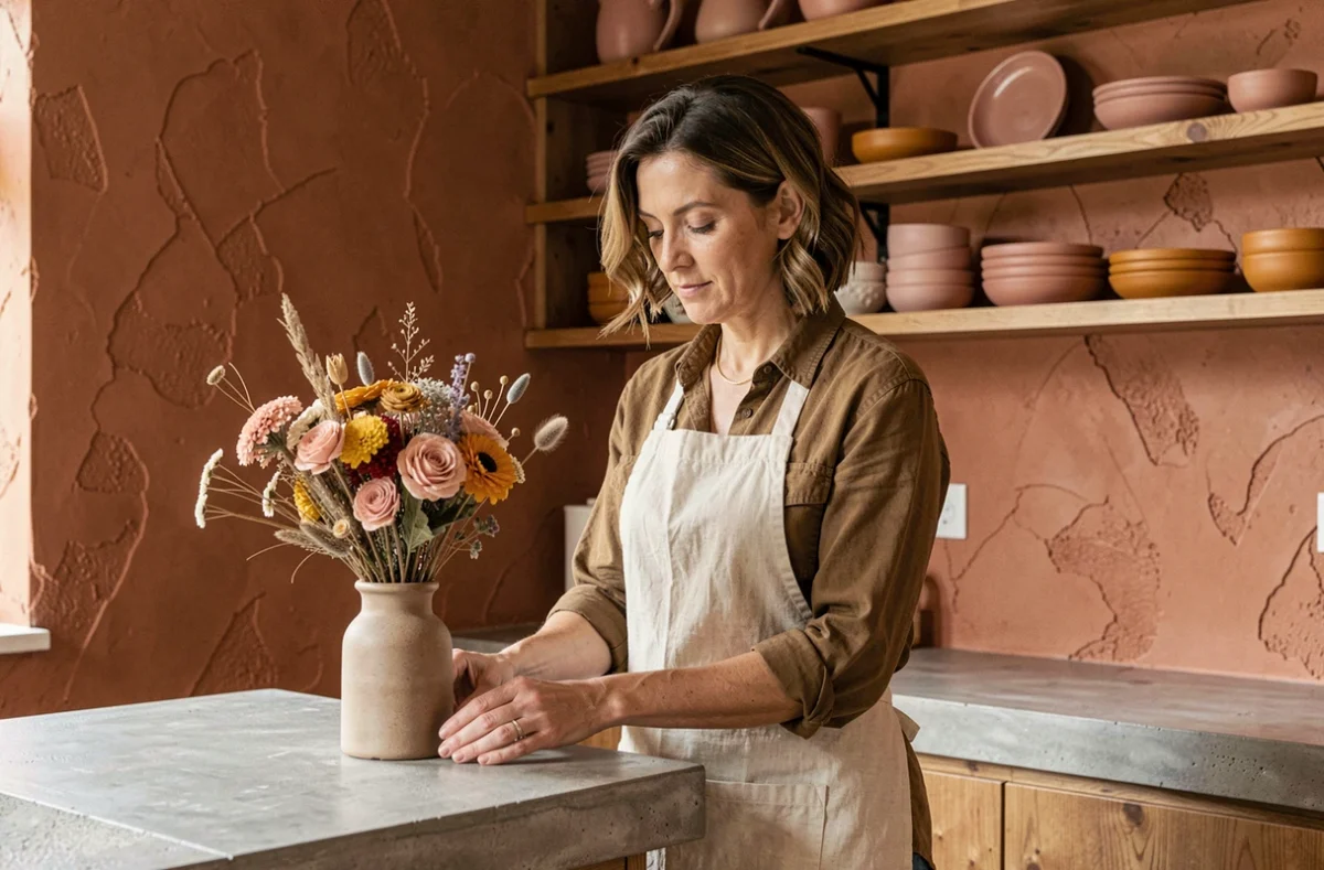 Femme dans une cuisine aux murs terracotta et étagères en bois, couleurs chaleureuses tendance 2026