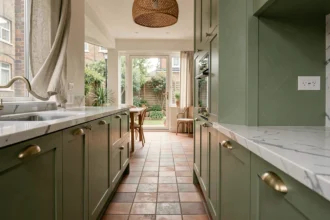 Cuisine moderne avec façades vert sauge mat et plan de travail en marbre blanc, tendance couleurs 2026
