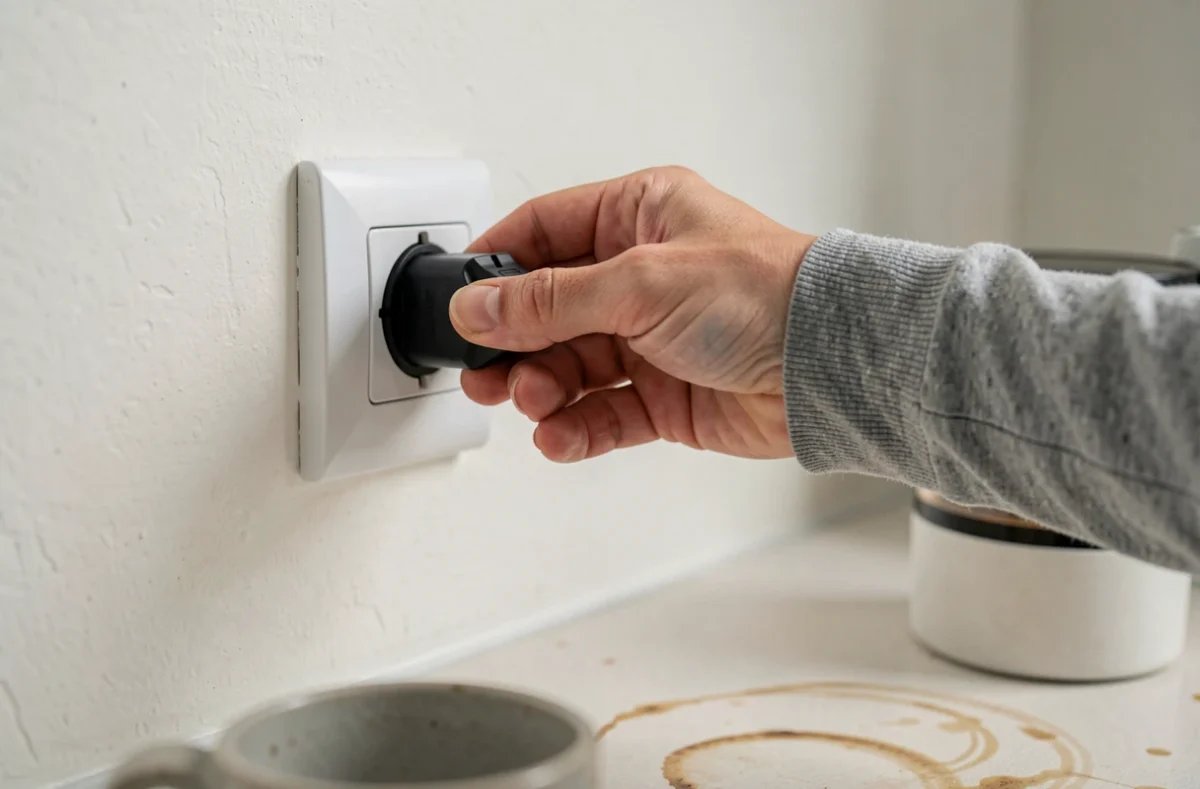 Main d'une femme qui débranche une cafetière d'une prise électrique murale dans une cuisine du quotidien