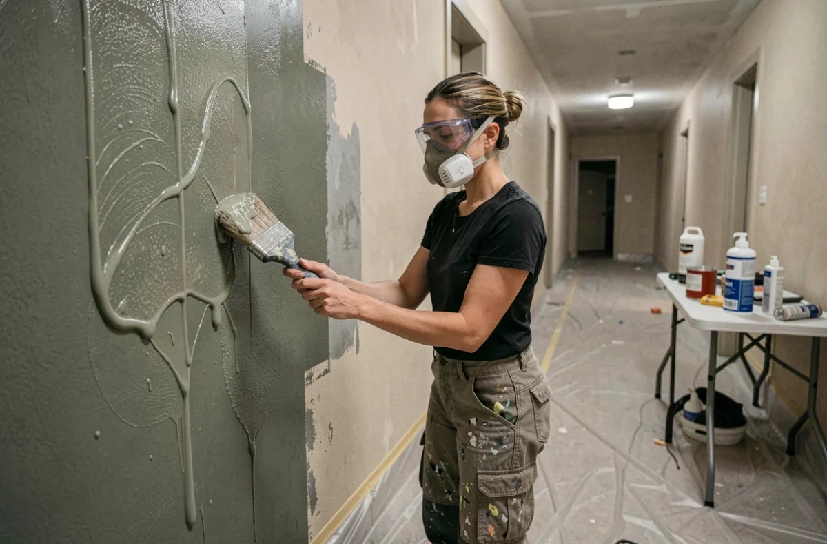 Femme appliquant un décapant chimique en gel sur un mur avec un pinceau large pour enlever une ancienne couche de peinture dans un couloir en rénovation