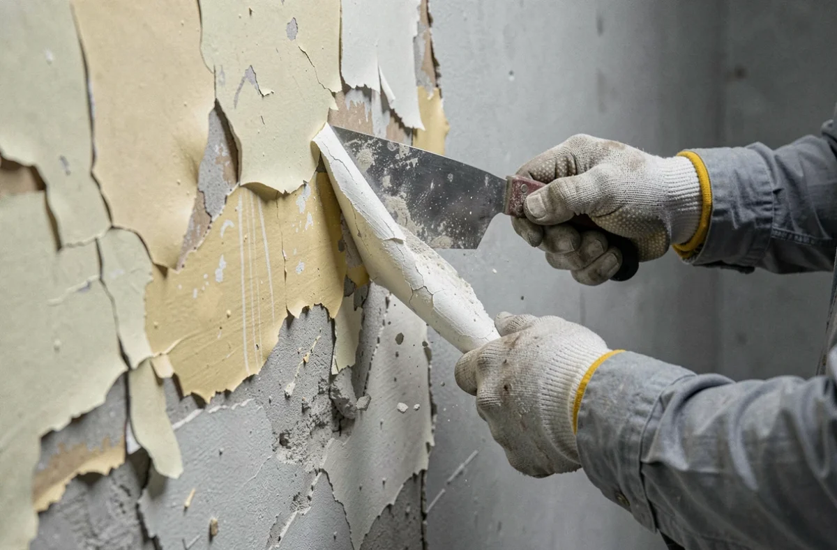 Gros plan sur des couches de vieille peinture en train d'être décollées d'un mur à l'aide d'un pistolet thermique et d'une spatule large révélant le plâtre brut en dessous