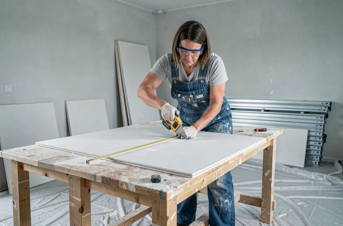Femme découpant une plaque de plâtre au cutter sur un établi dans le cadre de la construction d'une cloison intérieure