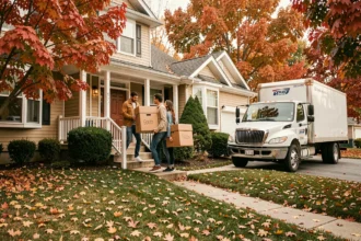 Couple déménageant en automne avec des cartons devant une maison en banlieue, camion de déménagement garé dans l'allée