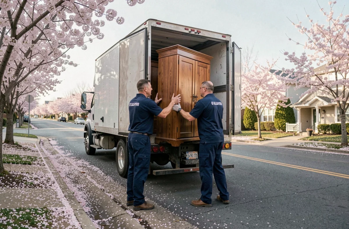 Déménageurs professionnels chargeant une armoire dans un camion sur une rue résidentielle fleurie au printemps