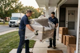Deux déménageurs professionnels en uniforme transportant un canapé emballé vers un camion de déménagement devant une maison résidentielle