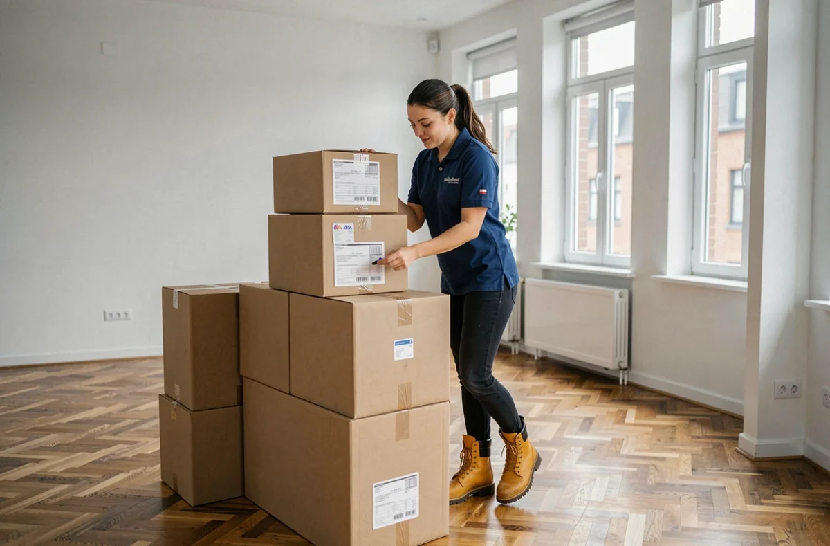 Déménageuse professionnelle étiquetant soigneusement des cartons dans un appartement moderne pendant une opération de déménagement organisée