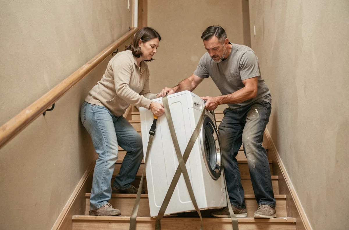 Deux personnes déplaçant une machine à laver dans un escalier à l'aide de sangles de déménagement