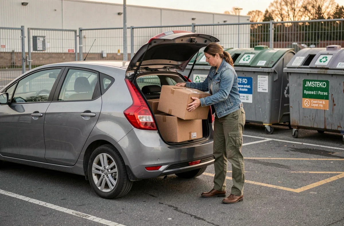 Femme déposant des cartons de déménagement aplatis dans une déchetterie municipale