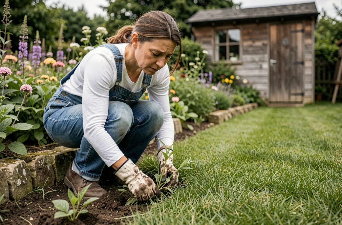 Femme en salopette de jardinage qui désherbe le bord d'une pelouse soignée dans un jardin anglais