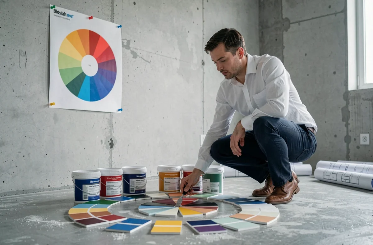 Designer d'intérieur arrangeant des pots de peinture et des échantillons de couleurs sur un sol en béton lors de la planification d'un projet de rénovation