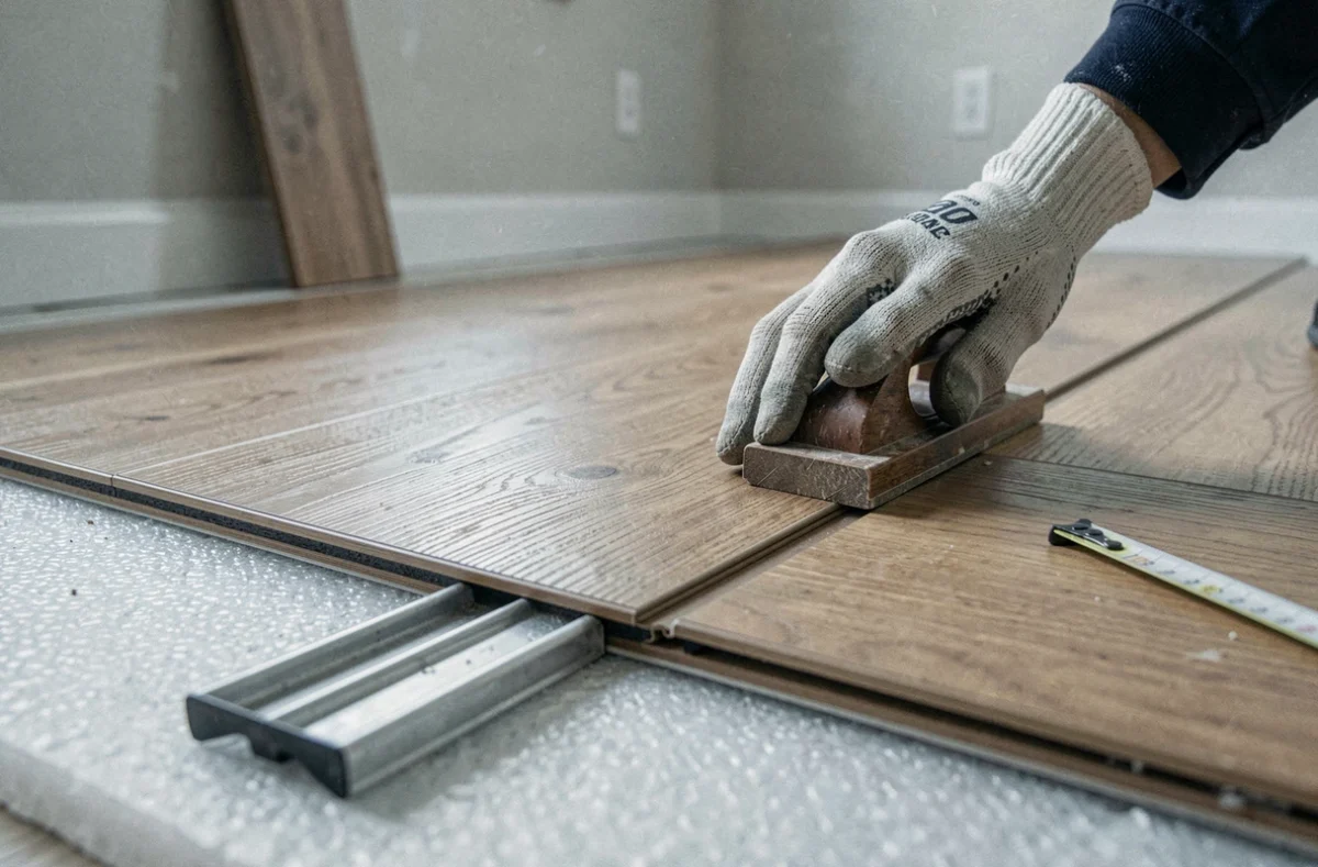 Gros plan sur l'assemblage d'une lame de parquet stratifié avec une cale et un tire-lame pendant la pose