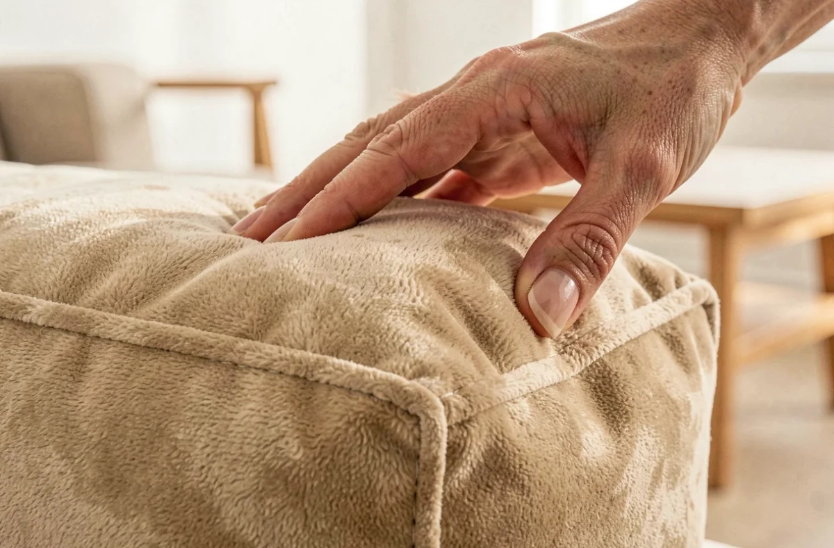 Gros plan sur la qualité des coutures et du tissu velours d'un coussin de canapé Poltronesofà