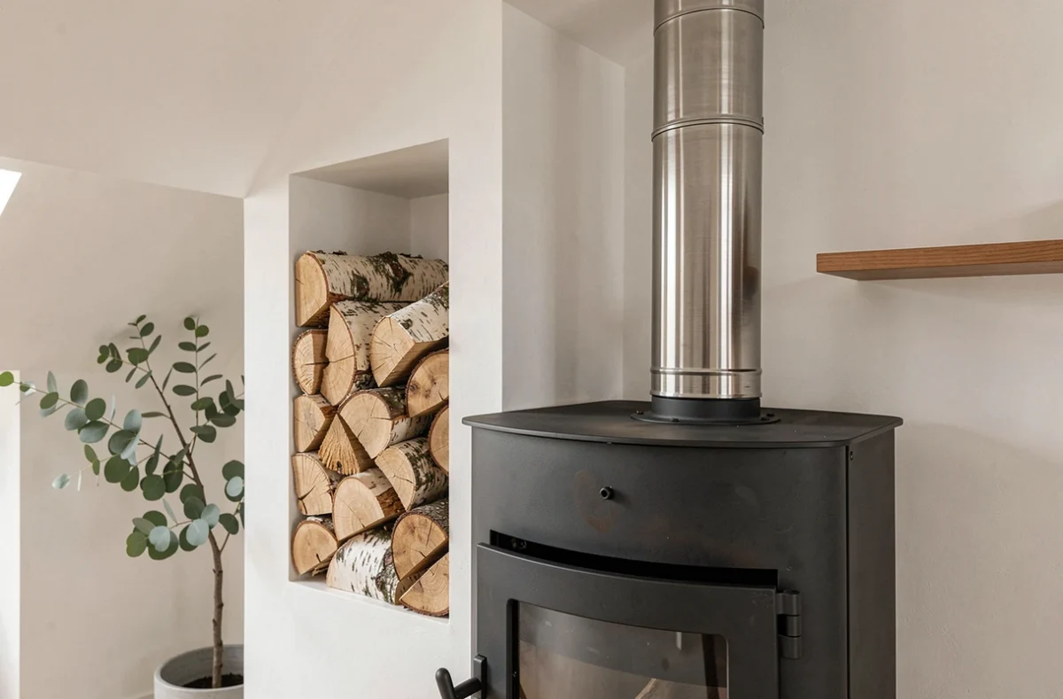 Détail d'installation d'un poêle à bois moderne avec conduit en inox, niche à bûches intégrée et finition acier mat dans un intérieur scandinave