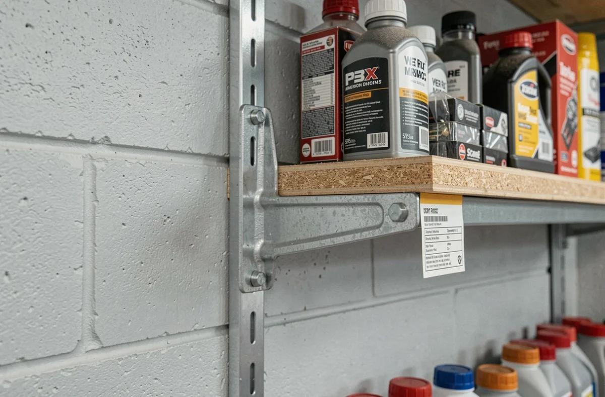 Gros plan sur un support réglable d'étagère modulable en acier galvanisé dans un garage, avec des rangements automobiles bien organisés sur les tablettes