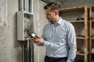 Diagnostiqueur immobilier inspectant un tableau électrique lors d'un diagnostic obligatoire avant vente