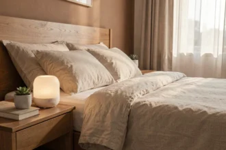 Diffuseur d'huiles essentielles posé sur une table de nuit en bois à environ 60 cm d'un lit bien fait dans une chambre moderne et apaisante
