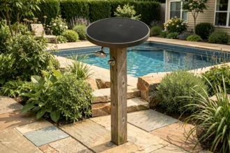 Douche solaire installée près d'une piscine de jardin avec panneau solaire noir sur poteau en bois et dallage en pierre naturelle