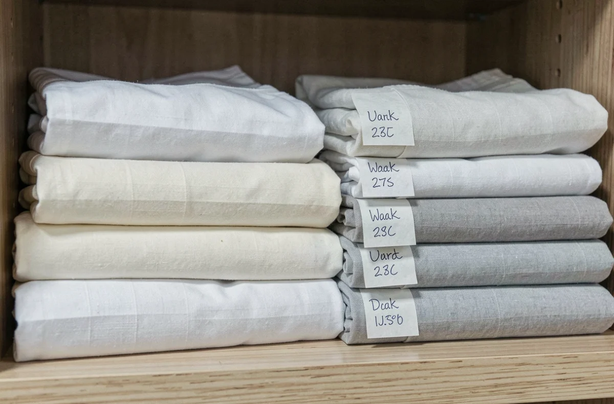 Draps de lit soigneusement pliés et étiquetés avec des dates de lavage dans un placard en bois