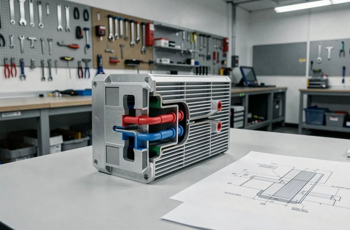 Gros plan sur un échangeur de chaleur à ailettes en aluminium avec raccords de tuyauterie colorés sur un établi d'atelier
