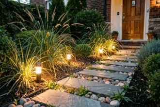Éclairage LED paysager dans un jardin résidentiel avec spots encastrés illuminant sentier en pierre et arbustes ornementaux au crépuscule