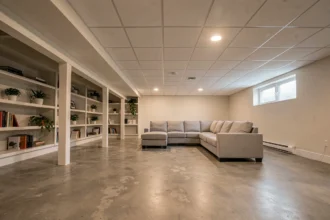 Sous-sol aménagé avec éclairage LED encastré au plafond, canapé gris et sol en béton poli