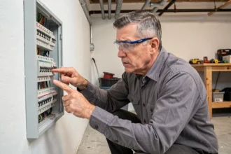 Électricien inspectant un disjoncteur déclenché dans un tableau électrique résidentiel ouvert