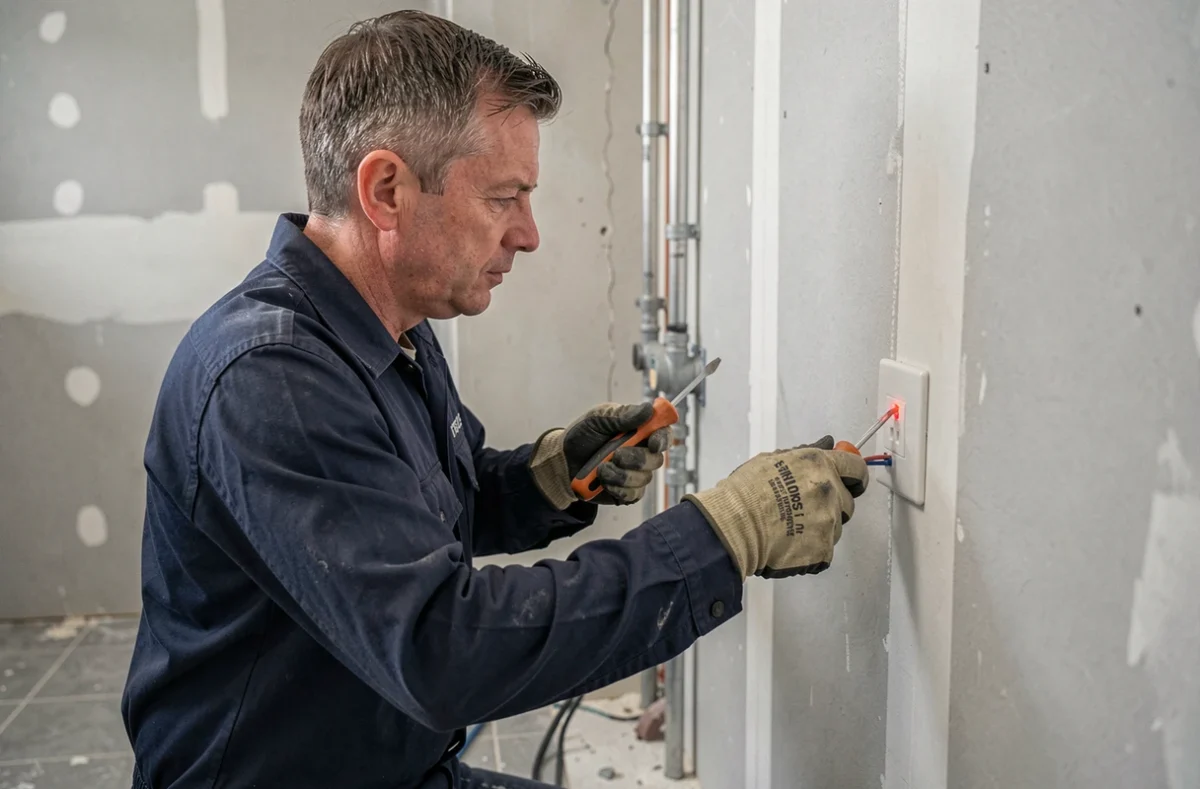Électricien installant une prise dans une salle de bain en cours de rénovation avec outils professionnels