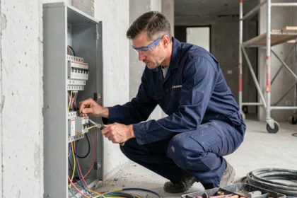 Électricien professionnel travaillant sur un tableau électrique dans un chantier de rénovation résidentielle