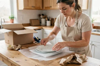 Femme emballant soigneusement une assiette en céramique avec du papier bulle avant expédition
