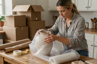 Femme emballant un vase en céramique dans du papier bulle avant un déménagement, matériaux d'emballage sur une table en bois