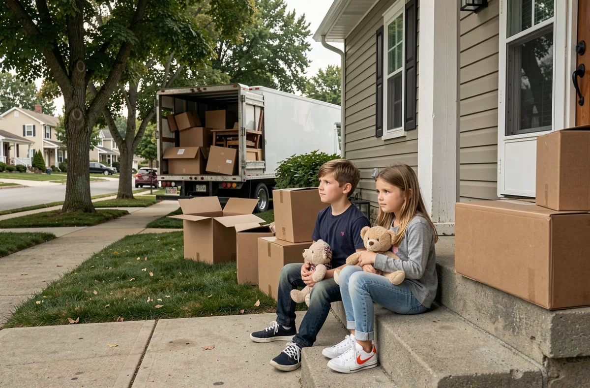Deux enfants assis sur les marches de leur ancienne maison lors du déménagement avec un camion en arrière-plan