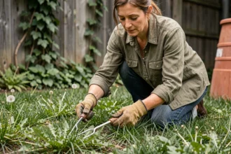 Femme entretenant son gazon écologique en arrachant les mauvaises herbes à la main avec un outil de désherbage manuel dans un jardin naturel