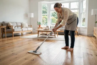 Femme entretenant un parquet en chêne avec un balai microfibre et du polish bois dans un salon moderne