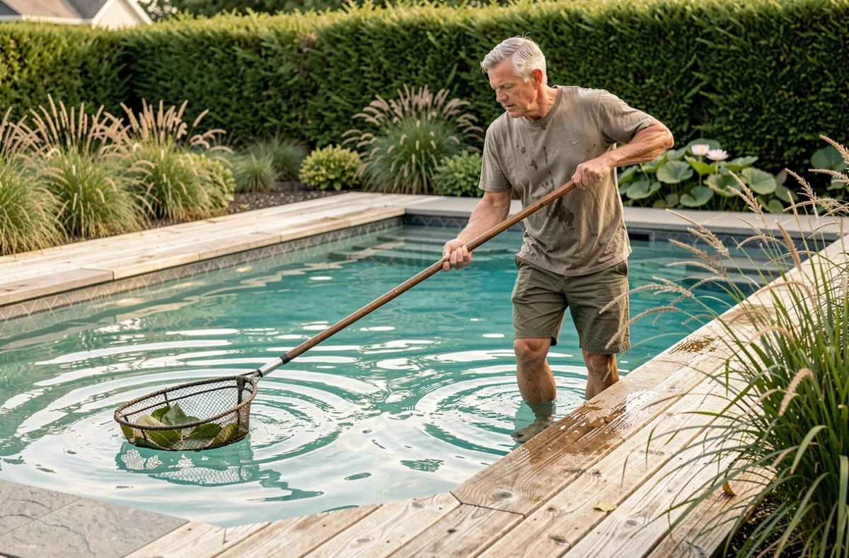 Homme entretenant une piscine naturelle avec une épuisette dans un jardin verdoyant