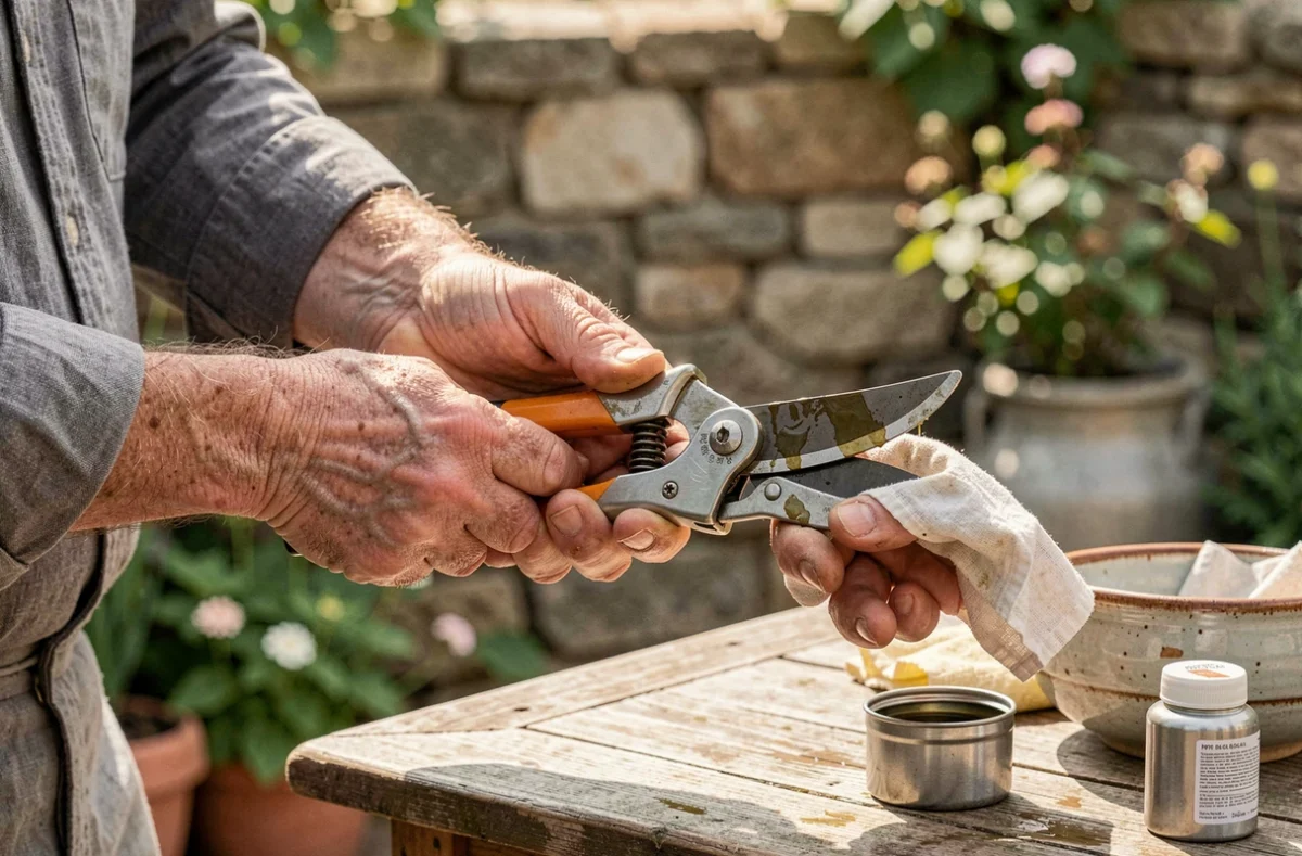 Homme appliquant de l'huile protectrice sur les lames de sécateurs de jardin à l'extérieur