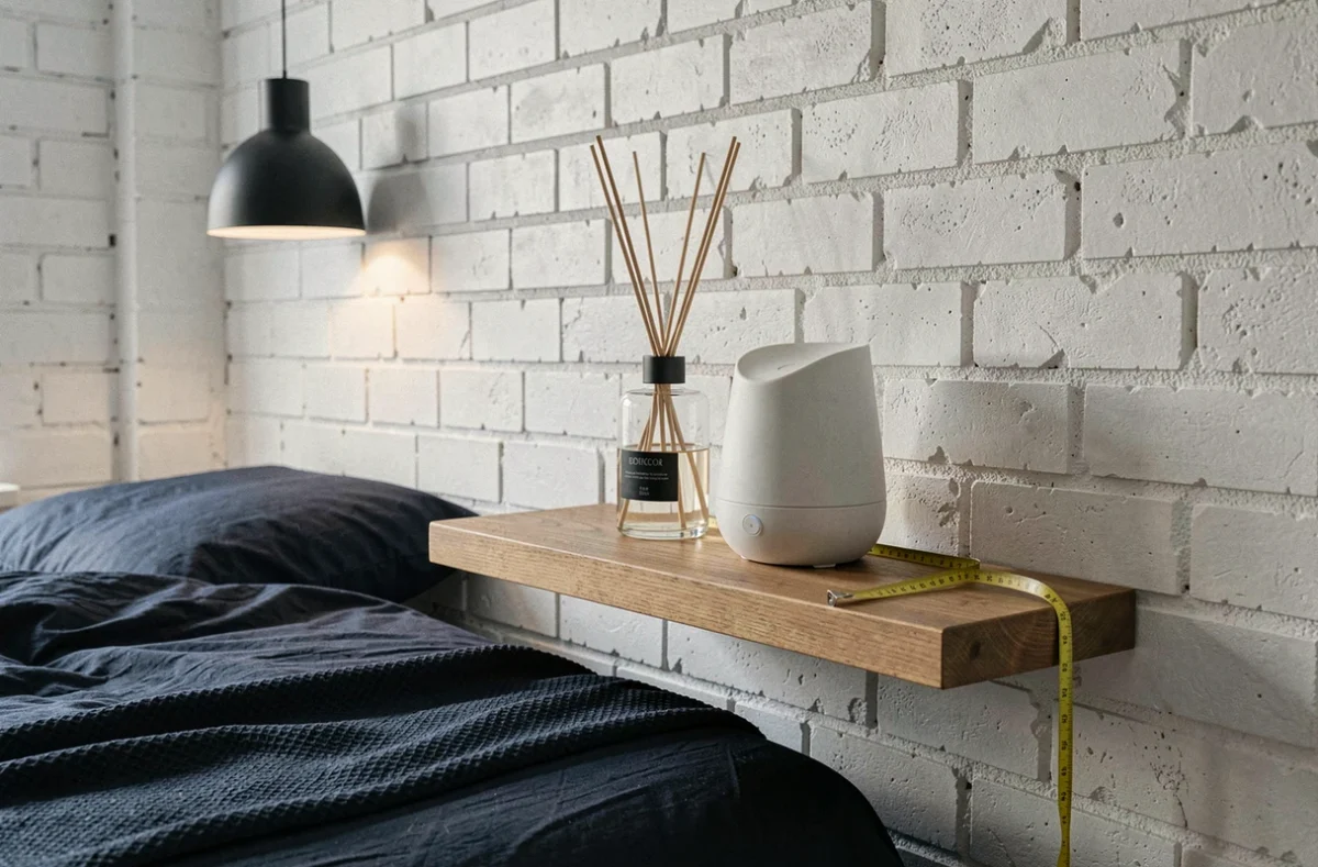 Étagère murale avec diffuseur ultrasonique et diffuseur à roseaux placés à 80 cm du lit dans une chambre avec mur en brique blanche et literie bleu marine