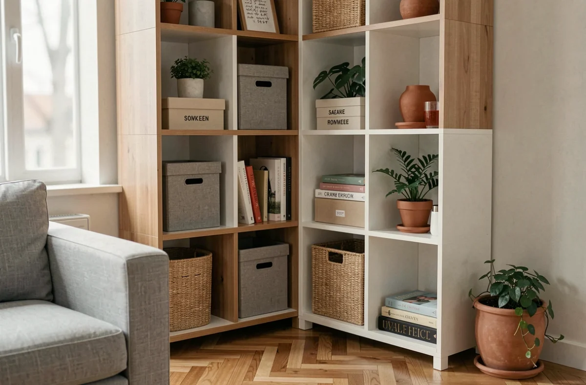 Bibliothèque modulaire bien organisée avec boîtes de rangement étiquetées, livres et plantes dans un salon épuré