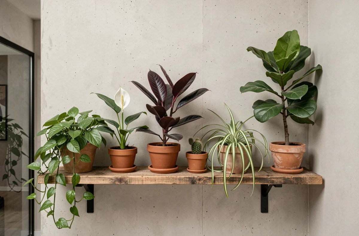 Étagère de plantes d'intérieur saines et épanouies dans un appartement urbain minimaliste