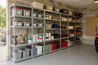 Garage résidentiel bien organisé avec des étagères modulables en métal du sol au plafond, remplies de bacs de rangement étiquetés et d'outils