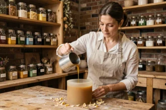 Artisane versant de la cire liquide dans un moule cylindrique pour fabriquer une bougie moulée dans un atelier artisanal