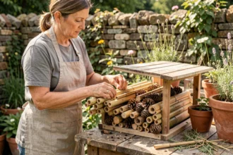 Femme fabriquant un hôtel à insectes en bois avec des bambous et pommes de pin dans un jardin naturel