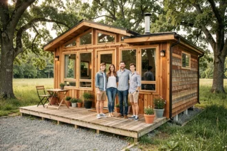 Famille de quatre personnes souriante devant une tiny house en bois dans un pré verdoyant entouré d'arbres