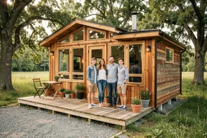 Famille de quatre personnes souriante devant une tiny house en bois dans un pré verdoyant entouré d'arbres