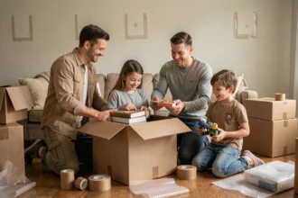Famille avec enfants qui font leurs cartons lors d'un déménagement dans leur salon