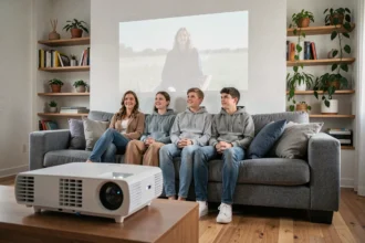 Famille réunie dans le salon pour regarder un film projeté sur le mur grâce à un vidéoprojecteur moderne posé sur un meuble TV