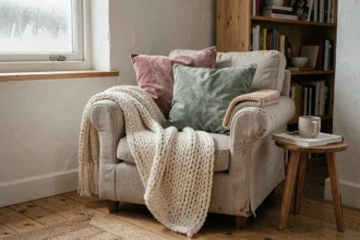 Fauteuil en lin avec plaid tricoté crème et coussins en velours dans un salon cosy aux tons neutres