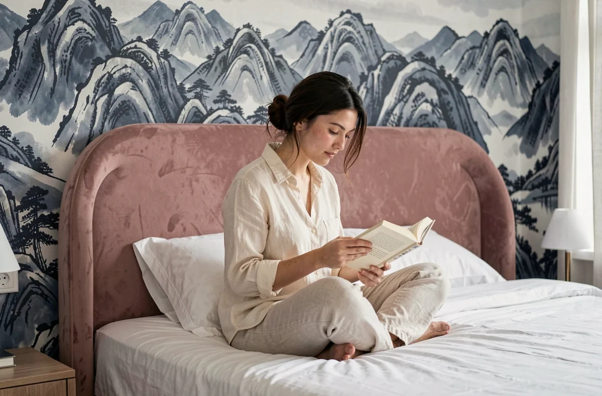 Femme lisant sur un lit à tête de lit velours rose poudré devant un papier peint panoramique paysage japonais en indigo